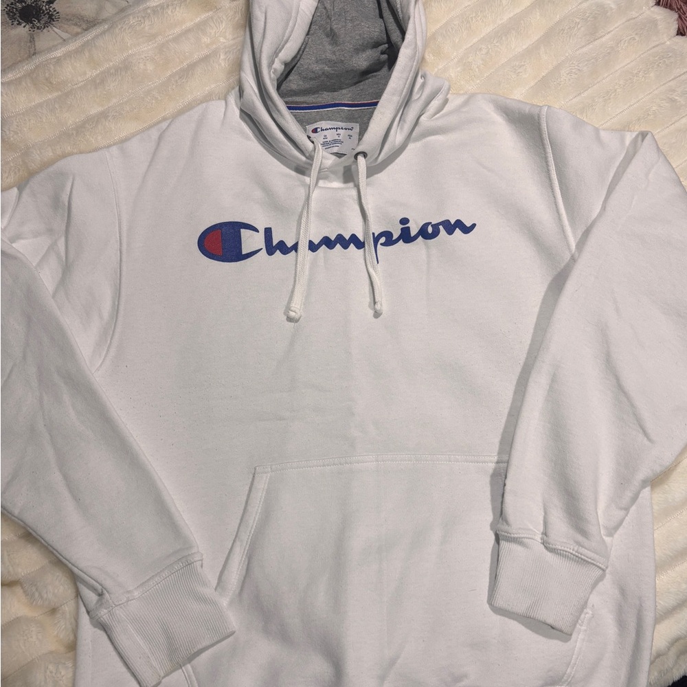 🔵 Champion White and Blue Logo Hoodie